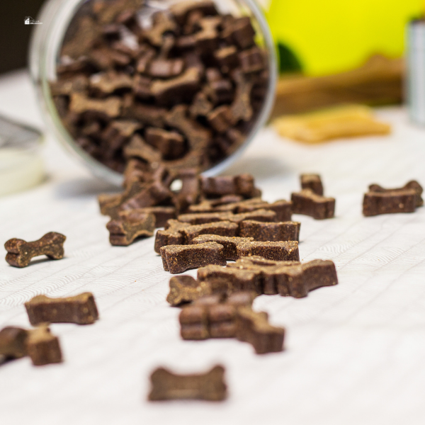 Dog treats spill out of a jar onto a table, shaped like small bones, ready for pets to enjoy.