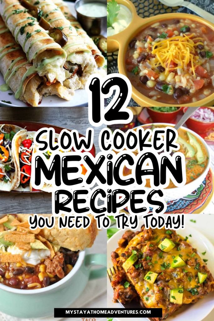 A collage of vibrant slow cooker Mexican recipes, including tacos, soups, enchiladas, and casseroles, showcasing flavorful and easy crockpot meals perfect for family dinners.