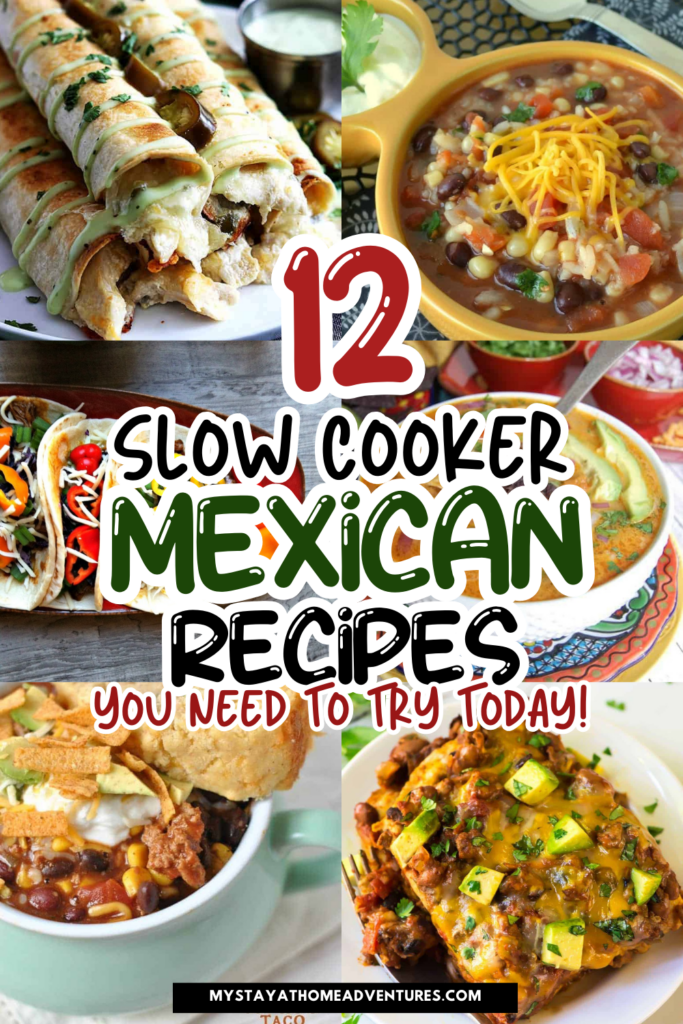 A colorful collage of slow cooker Mexican dishes, featuring tacos, soups, enchiladas, and casseroles, highlighting easy and flavorful crockpot recipes for family meals.