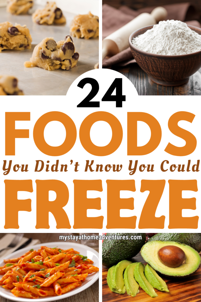 Variety of freezer-friendly foods like cookie dough, flour, pasta, and avocado, perfect for freezing to save time, reduce food waste, and use in meal prep and easy freezer meals.