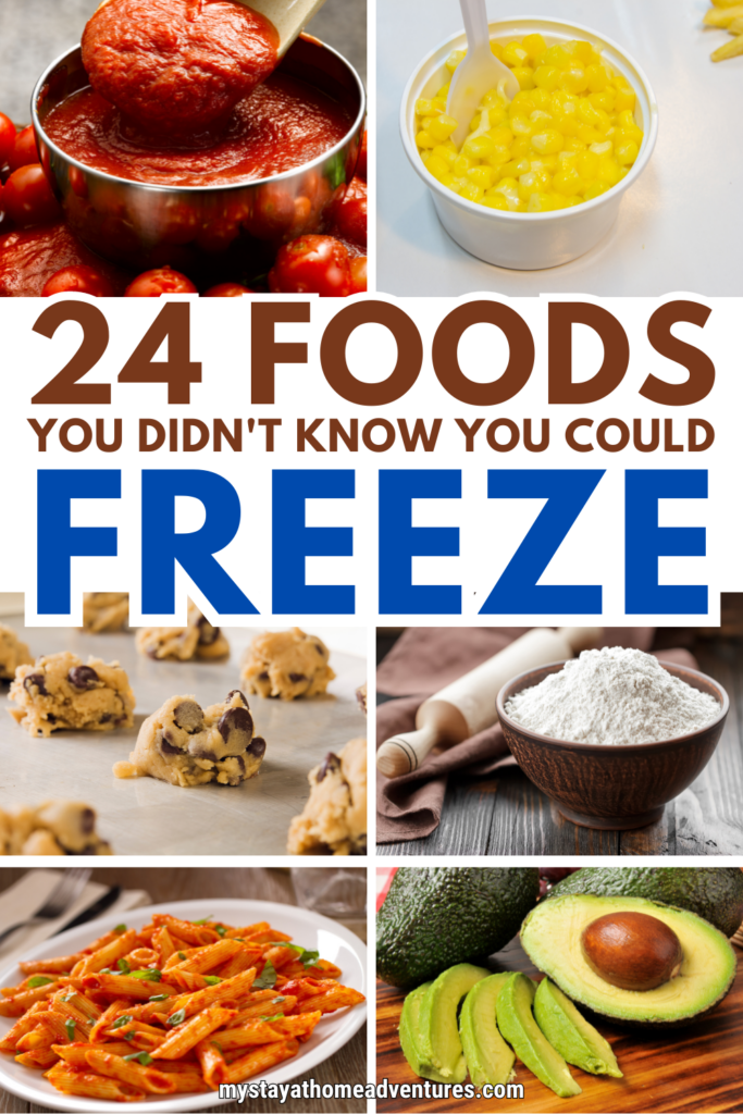 Variety of foods like tomato sauce, corn, cookie dough, flour, pasta, and avocado that are freezer-friendly, perfect for meal prep, freezing tips, and easy freezer meals to reduce food waste and save time.