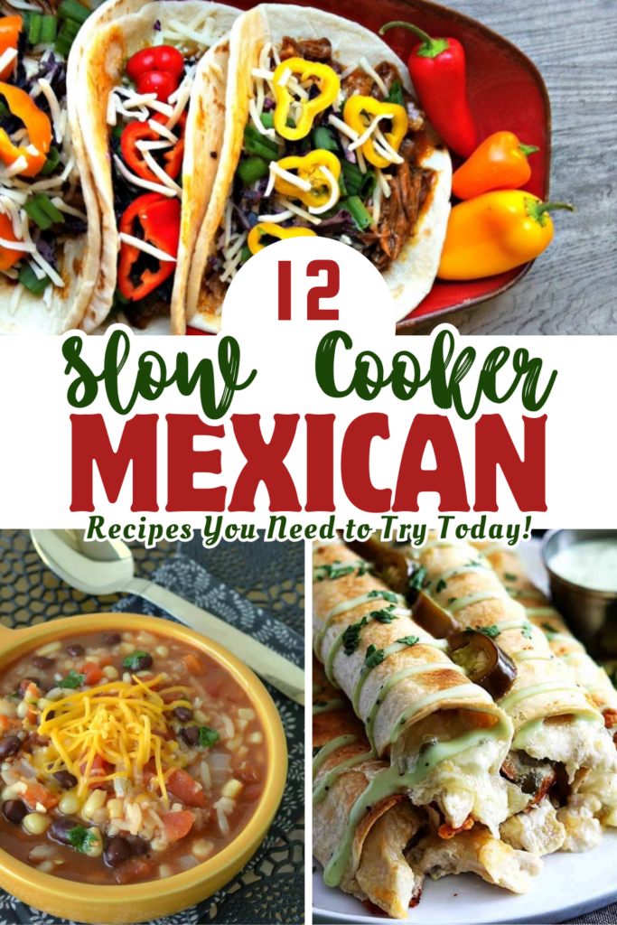 A mix of slow cooker Mexican recipes, including tacos, soup, and taquitos, showcasing easy and flavorful crockpot meals perfect for family dinners or taco nights.