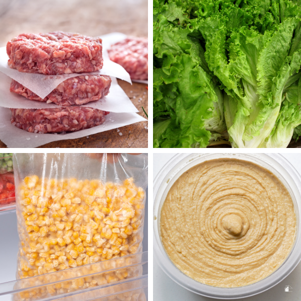 Homemade burger patties, lettuce, frozen corn, and hummus showcasing freezer-friendly foods that help with meal prep, reducing food waste, and saving time in the kitchen.