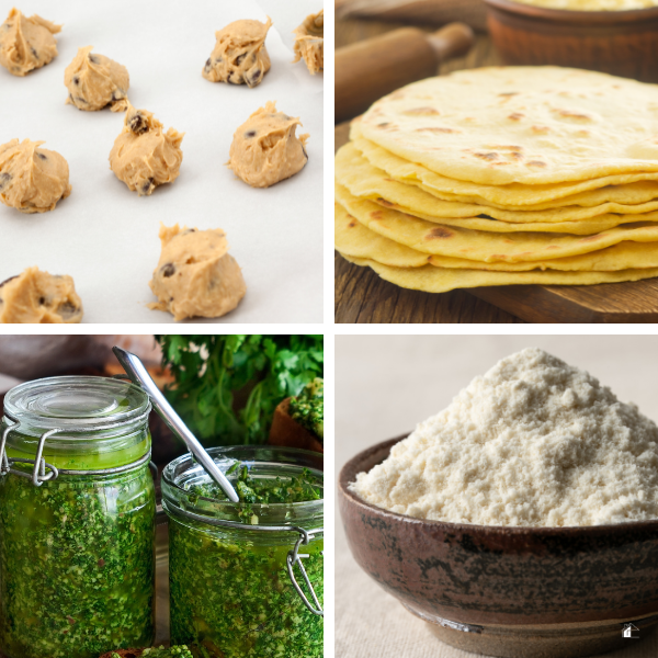 Cookie dough, tortillas, pesto, and flour showing freezer-friendly foods perfect for meal prep, reducing food waste, and saving time in the kitchen.