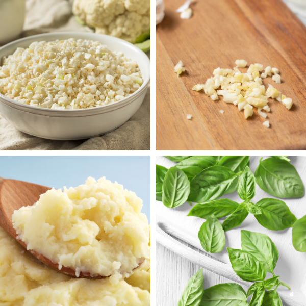 Cauliflower rice, minced garlic, mashed potatoes, and fresh basil illustrating freezer-friendly foods for meal prep, saving time, and reducing food waste.