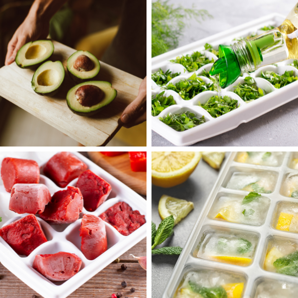 Avocados, herbs in olive oil, frozen broth cubes, and citrus ice cubes illustrating freezer-friendly foods for meal prep, preserving fresh ingredients, and reducing food waste.