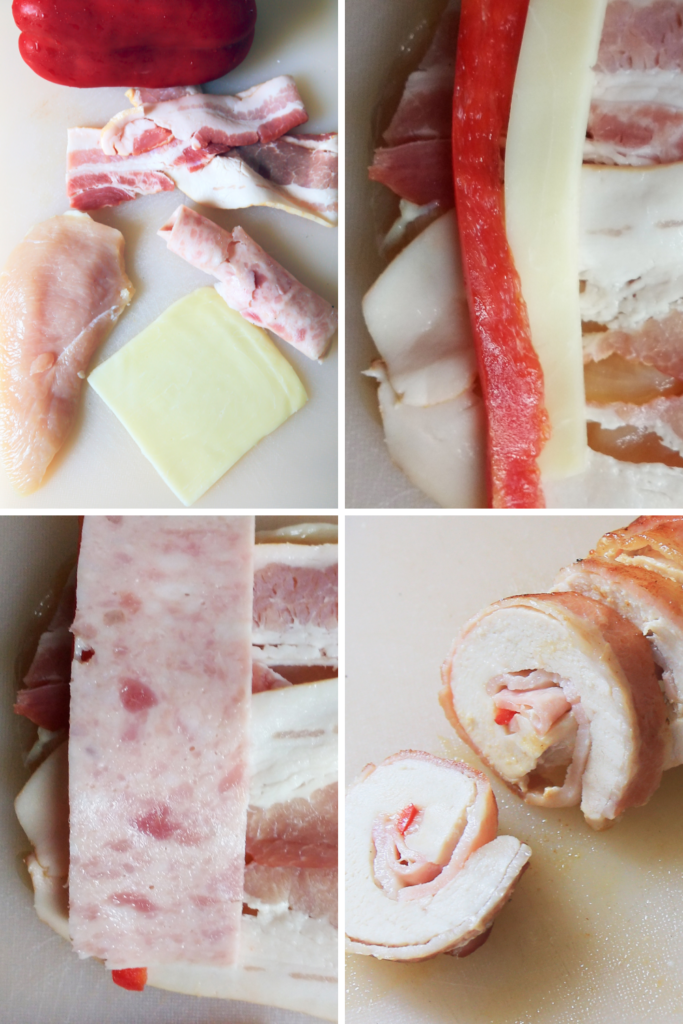 A step-by-step collage showing the preparation of bacon-wrapped stuffed chicken roll-ups, including raw ingredients, assembly with cheese and red pepper, and the final cooked slices.