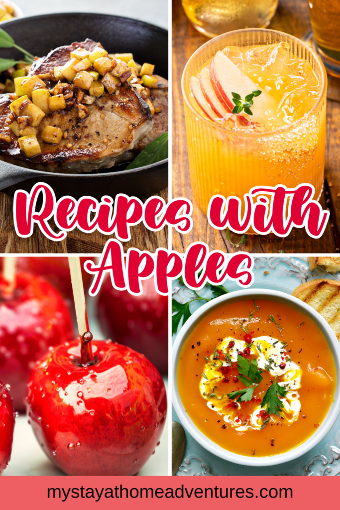 A collage of four apple-based dishes, including pork chops with diced apples, an apple-infused cocktail, glossy red candied apples, and a bowl of apple-flavored soup garnished with cream and herbs.