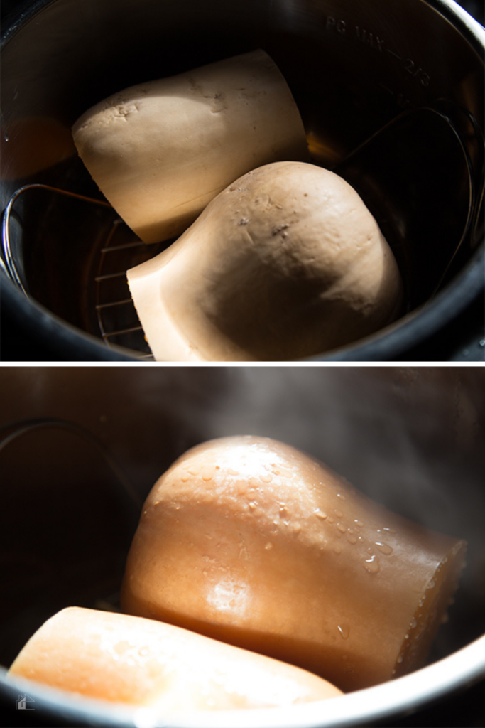 Whole butternut squash halves being steamed in an Instant Pot, demonstrating a quick and easy method for preparing healthy winter squash recipes.