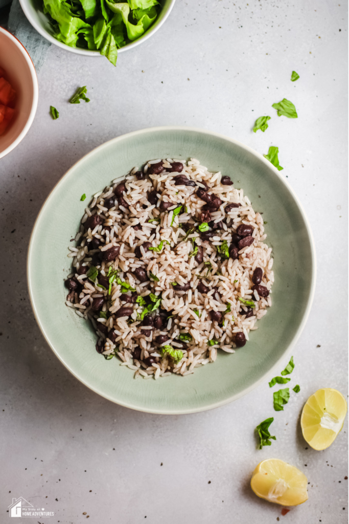 A bowl of Gallo Pinto, a traditional Costa Rican dish made with rice and black beans, garnished with fresh herbs and surrounded by lemon slices and toppings.