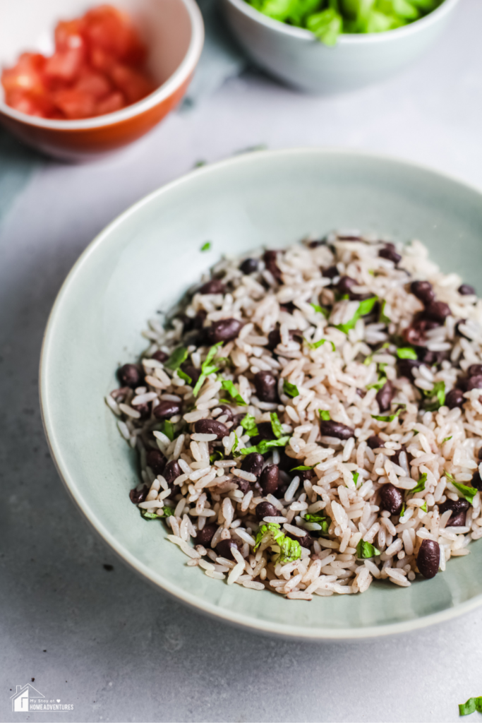 A bowl of Gallo Pinto, a traditional Costa Rican dish of rice and black beans, garnished with fresh herbs and accompanied by side toppings.