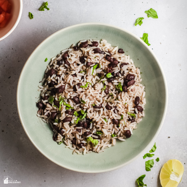 A bowl of Gallo Pinto, a traditional Costa Rican dish made with rice and black beans, garnished with fresh herbs and surrounded by lemon slices and toppings.