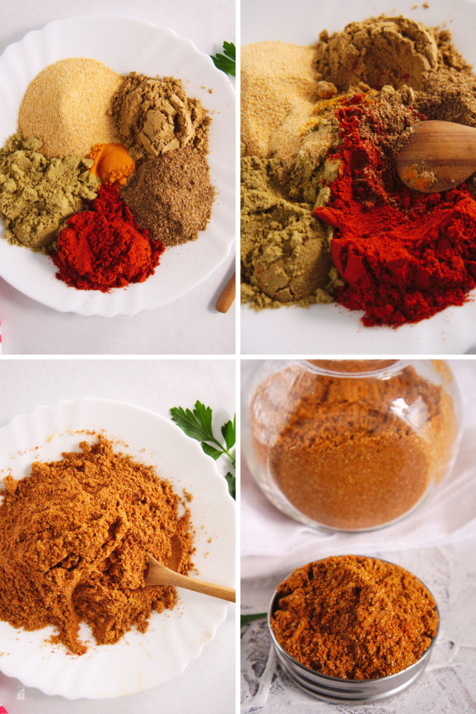 A step-by-step collage showing the ingredients and process for making homemade sazon seasoning, featuring a mix of Latin spices like cumin, paprika, and coriander