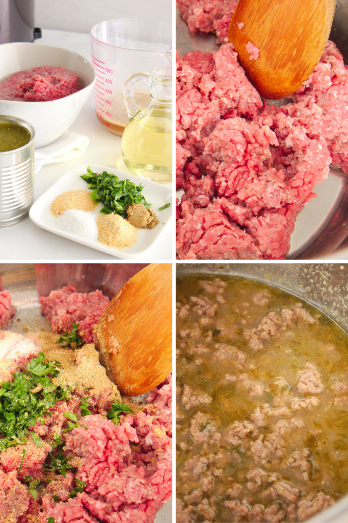 A step-by-step collage showing the preparation of Salsa Verde Beef Filling, including raw ground beef, seasonings, fresh herbs, and the cooking process with salsa verde.