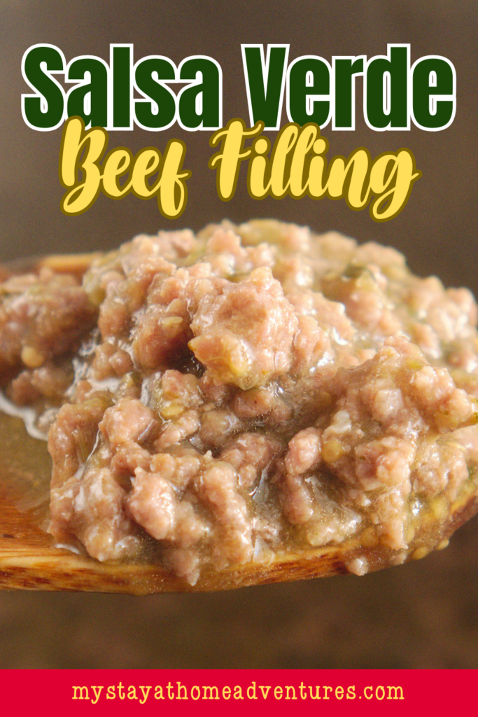 A close-up of Salsa Verde Beef Filling, featuring tender ground beef simmered in a flavorful salsa verde sauce, served on a wooden spoon.