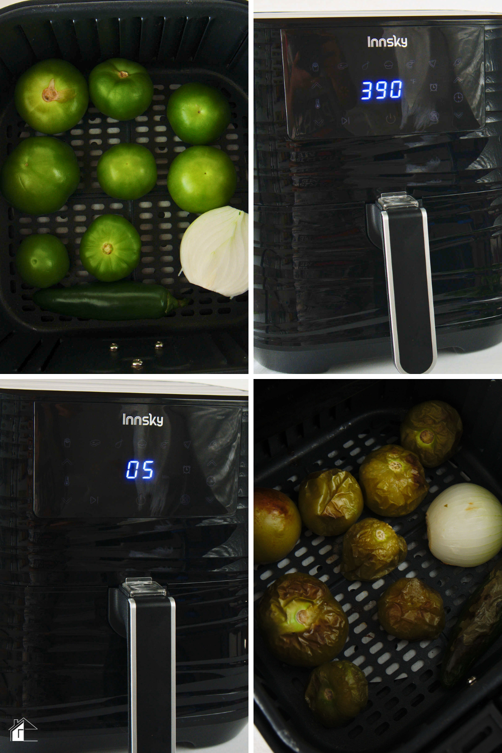 4 images showing how to start making salsa verde in the air fryer