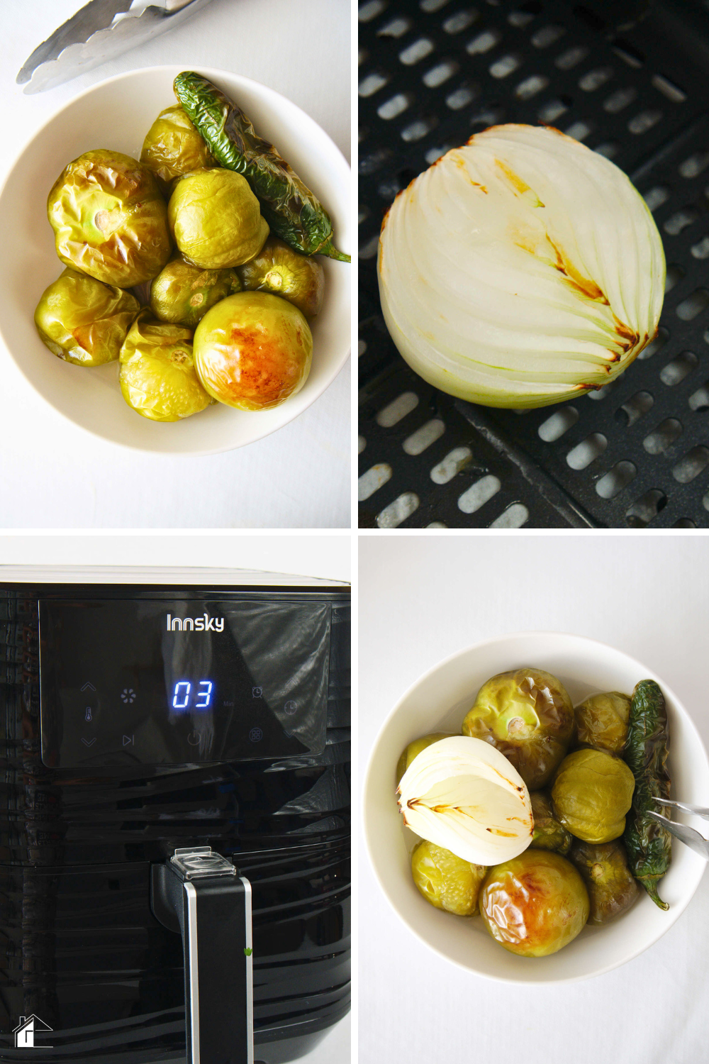4 images showing steps of making salsa verde in an air fryer