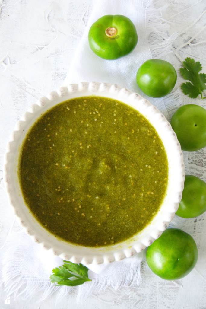 top view of salsa verde plated.