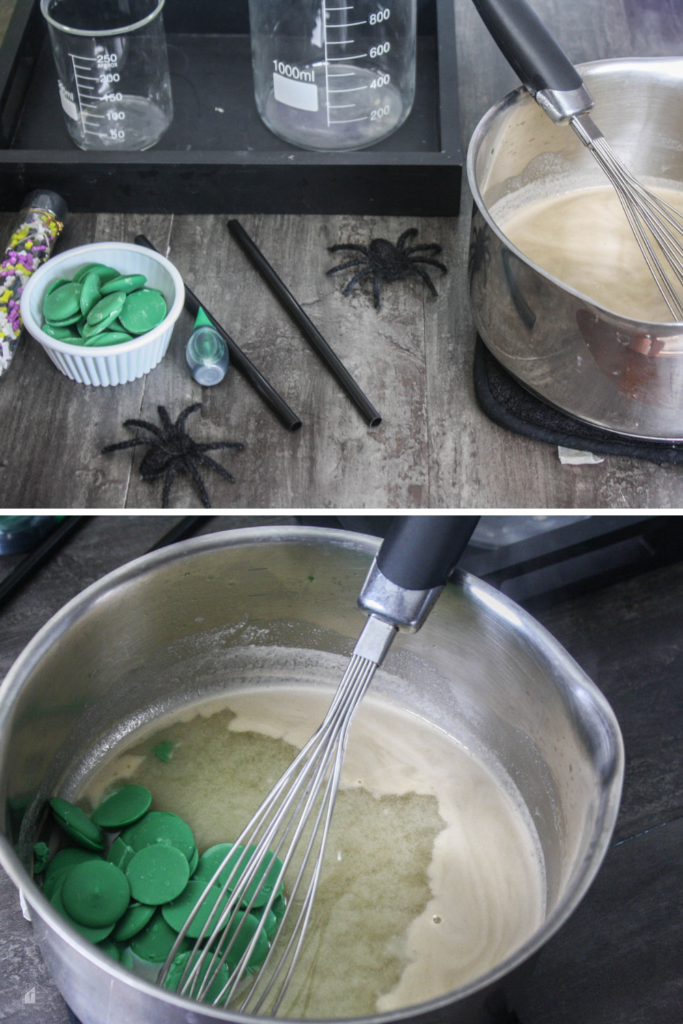 Preparing ingredients for monster hot cocoa with green candy melts and other Halloween-themed decorations, perfect for making a spooky Halloween drink.