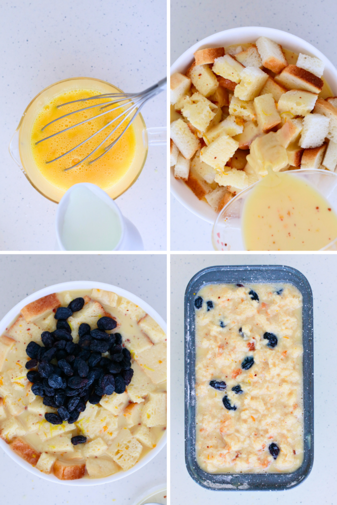 A step-by-step collage showing how to make Budín de Pan, a Puerto Rican bread pudding, from whisking eggs to soaking bread with custard and preparing it for baking.