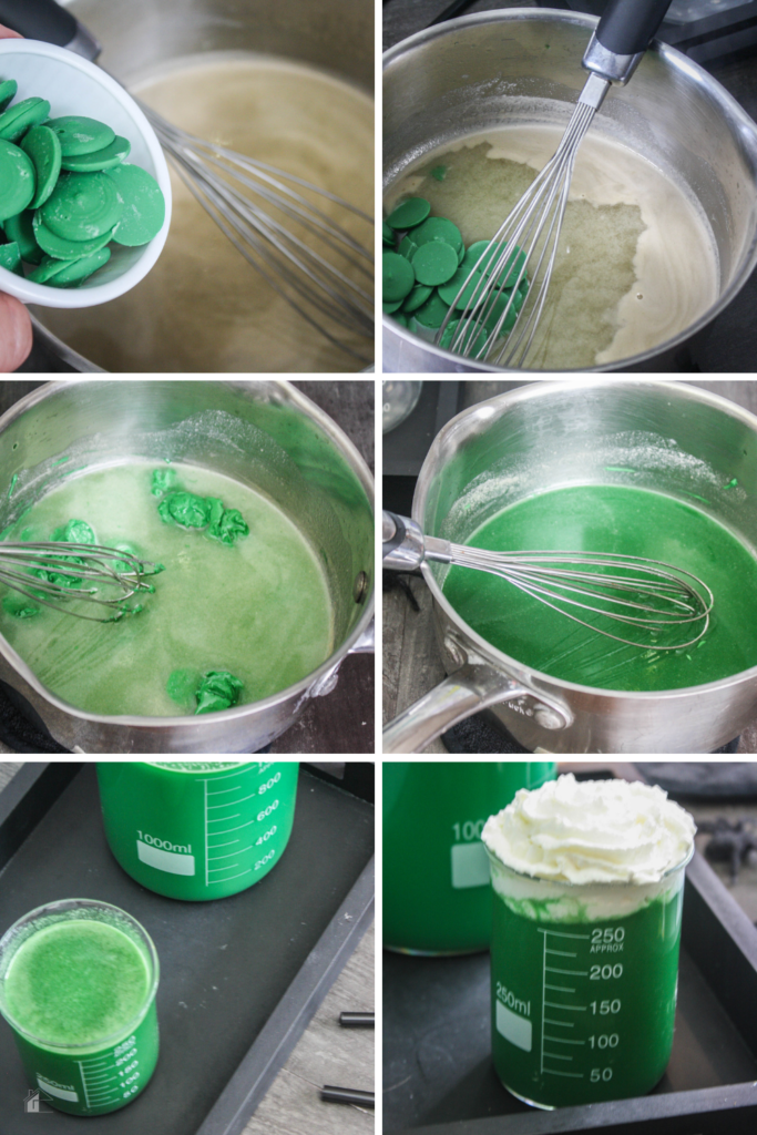 Step-by-step process of making monster hot cocoa, featuring green candy melts and beakers, perfect for a fun and spooky Halloween drink.