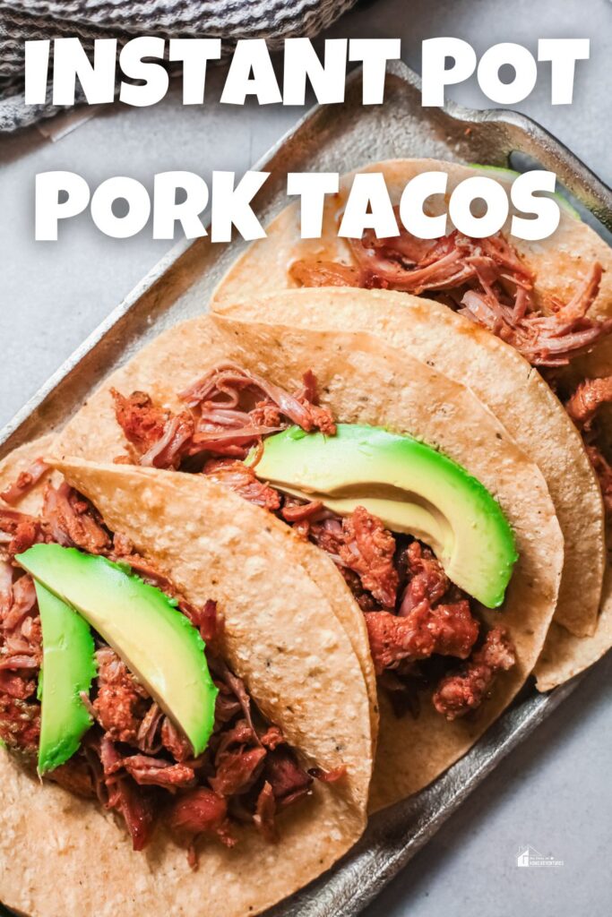 top view of Instant Pot pork tacos with text overlay