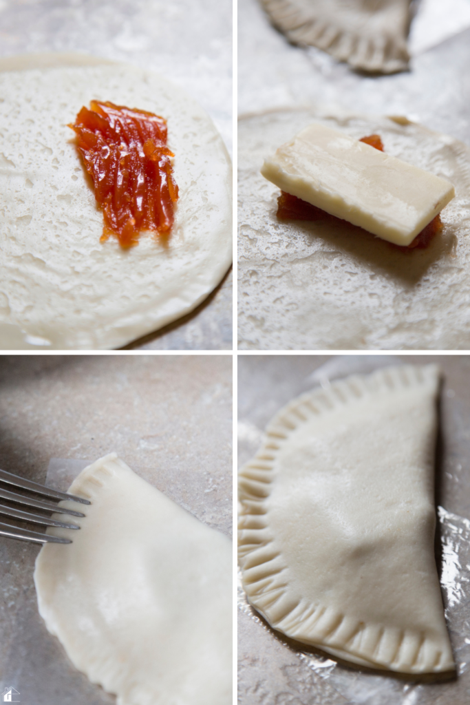 Step-by-step process of making guava and cheese empanadas, showing the filling of guava paste and cheese, folding the empanada, and sealing the edges with a fork before baking.