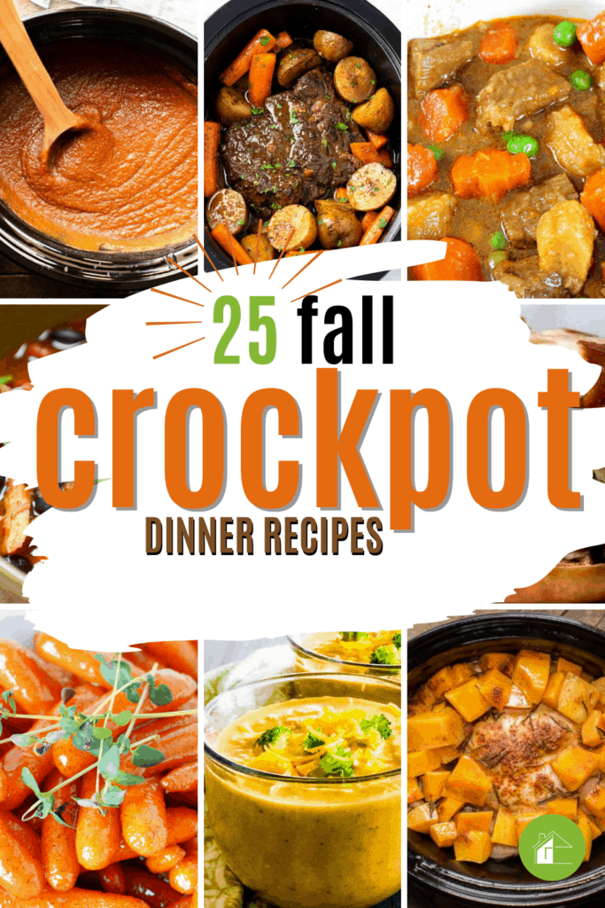 A variety of fall crockpot meals including stews, soups, and roasted vegetables displayed in slow cookers, highlighting cozy and easy comfort food recipes for autumn.