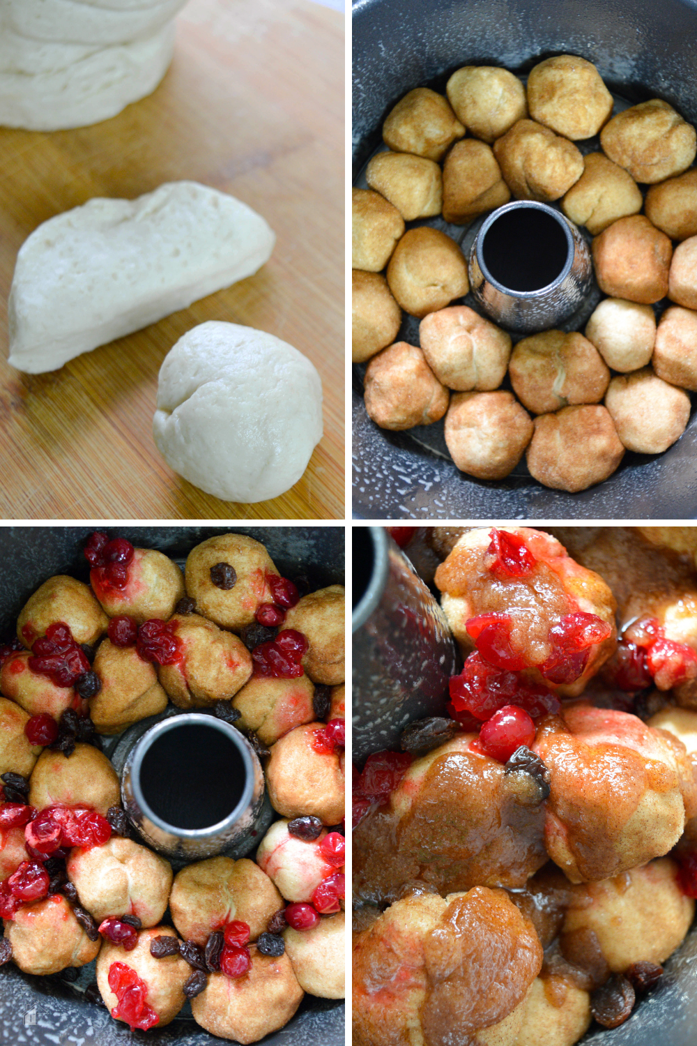 Step-by-step process of making cranberry raisin monkey bread, showing dough preparation, layering with cinnamon sugar, cranberries, and raisins, and baking until golden brown.