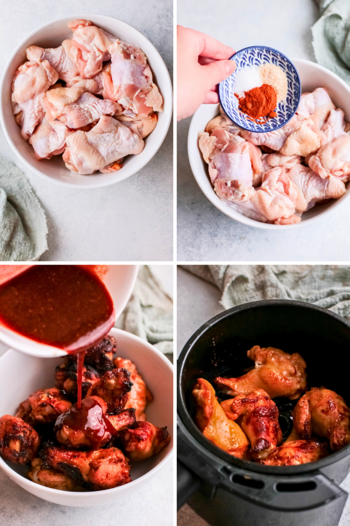 A step-by-step collage showing how to make chicken wings in the air fryer, from seasoning raw wings to cooking and coating them in a sticky bourbon honey glaze, perfect for easy air fryer recipes and game day appetizers.