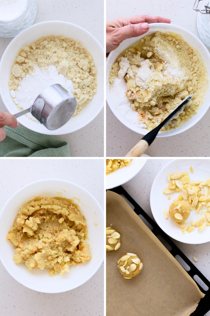 Step-by-step process of making Greek Almond Cookies, showing the mixing of almond flour, sugar, and orange zest, shaping the dough, rolling in slivered almonds, and preparing for baking.