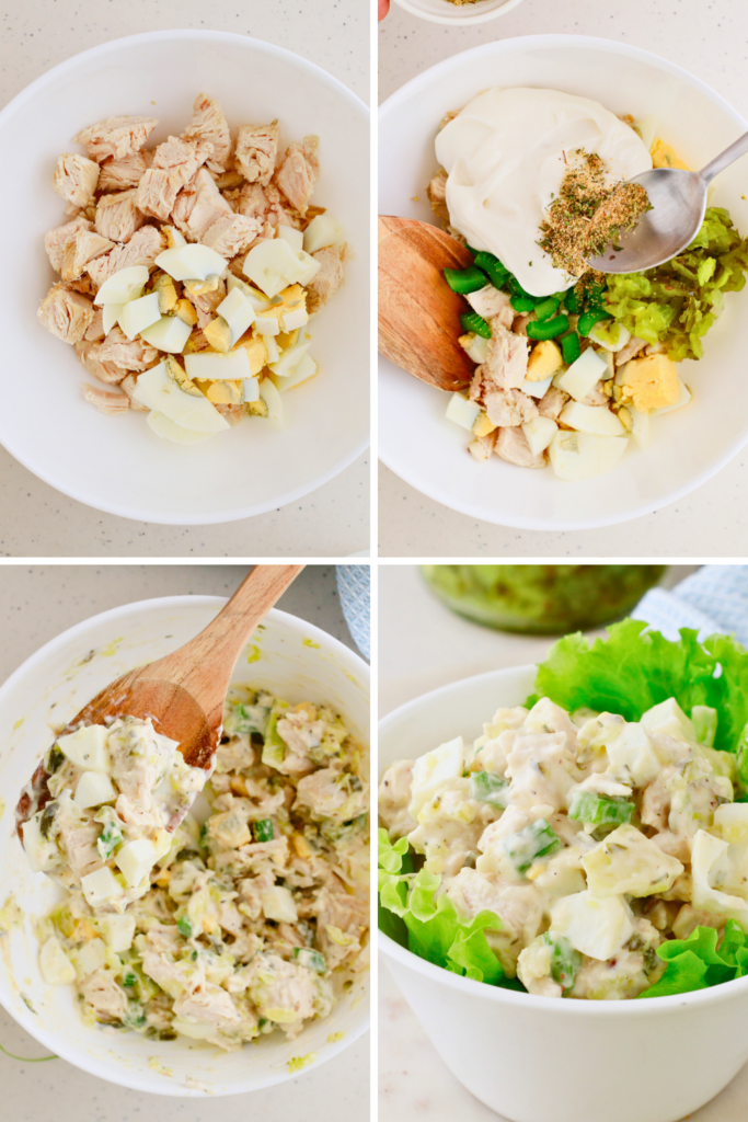 Step-by-step process of how to make chicken salad, showing diced chicken, hard-boiled eggs, mayo, relish, and seasonings being mixed into a creamy and delicious easy chicken salad recipe, perfect for sandwiches or meal prep.