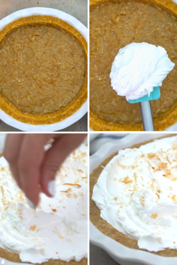 A step-by-step visual showing the final assembly of the Coconut Rum (Coquito) Cream Pie, with whipped cream being spread over the chilled custard and topped with toasted coconut flakes, creating a festive and flavorful holiday dessert.