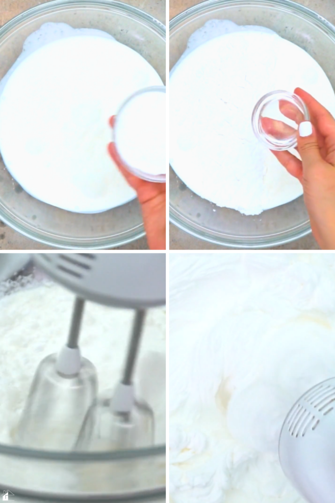 A step-by-step visual showing how to prepare the whipped topping for a Coconut Rum (Coquito) Cream Pie by adding powdered sugar and coconut extract to heavy whipping cream and beating until stiff peaks form, perfect for a light, airy holiday dessert topping.