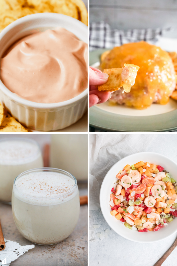 A collage of Puerto Rican Thanksgiving appetizers and drinks, featuring mayo ketchup sauce, cheese dip, coquito, and a fresh tropical fruit salad, highlighting flavorful Puerto Rican holiday starters.