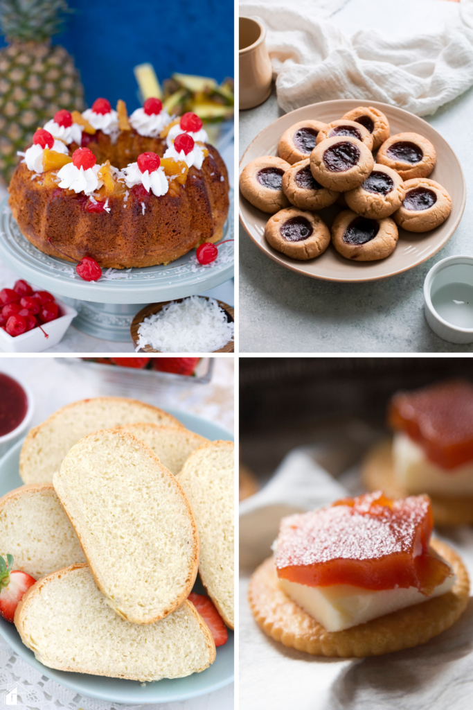 A collage of Puerto Rican Thanksgiving desserts, featuring pineapple rum cake, shortbread cookies, pan sobao, and guava paste with cheese, showcasing classic Puerto Rican holiday sweets.