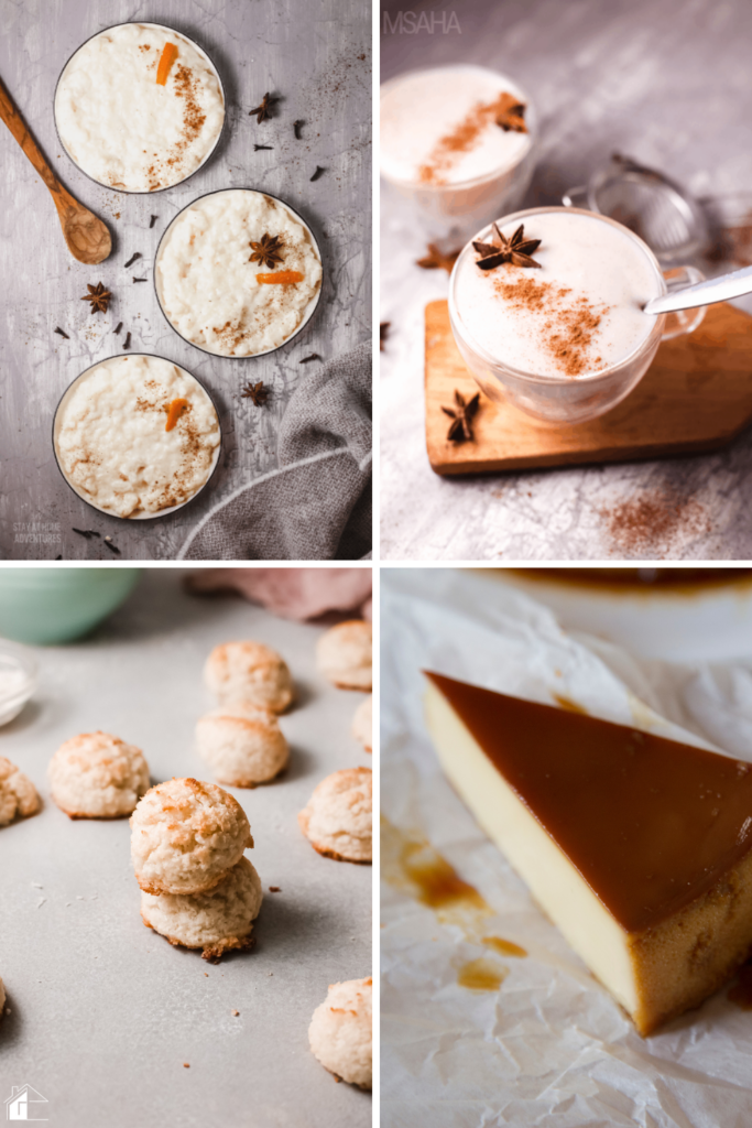 A collage of Puerto Rican Thanksgiving desserts, featuring arroz con leche, coquito, coconut macaroons, and flan, highlighting traditional sweet Puerto Rican holiday treats.