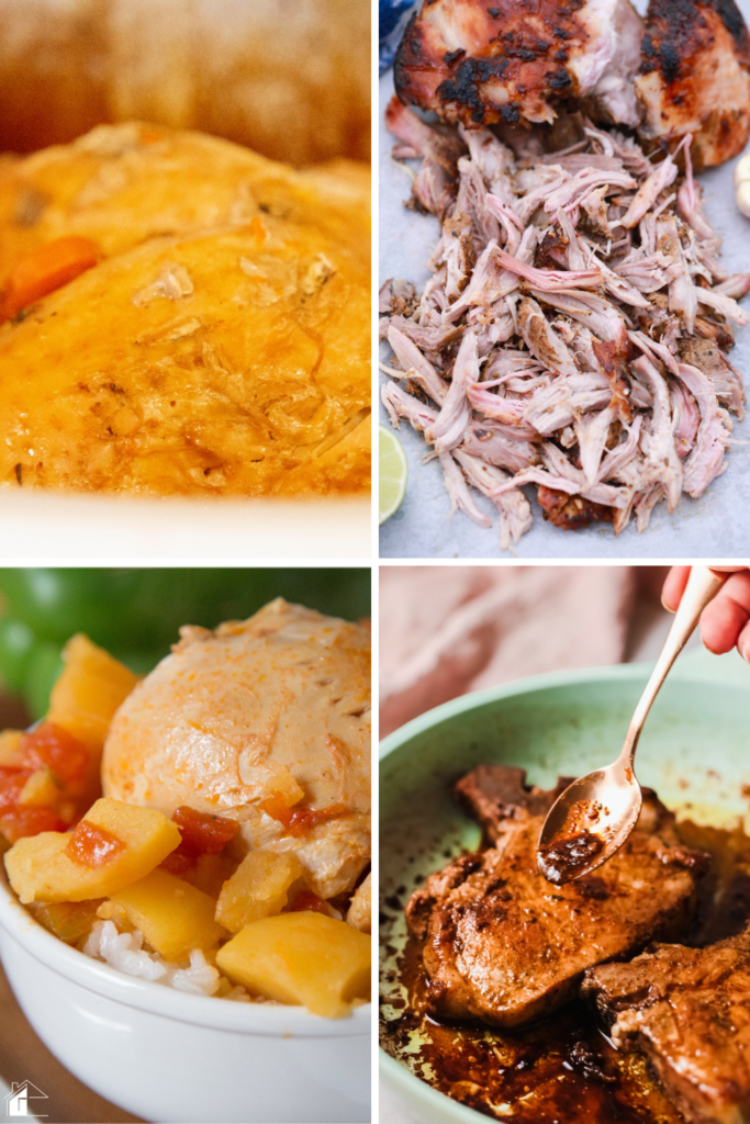 A collage of four traditional Puerto Rican Thanksgiving recipes, including roasted pork, stewed chicken, pork chops, and a baked casserole, showcasing rich, flavorful Puerto Rican holiday dishes.