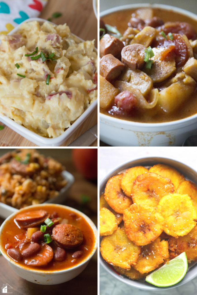 A collage of Puerto Rican Thanksgiving side dishes, including potato salad, sausage stewed beans, tostones, and rice, highlighting rich, comforting Puerto Rican holiday sides.