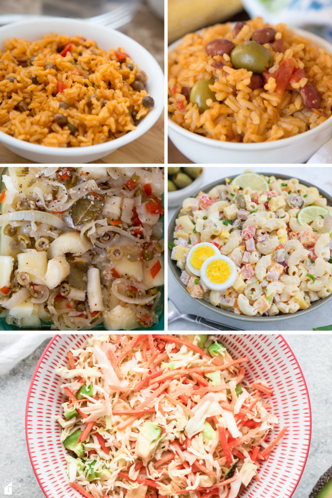 A collage of traditional Puerto Rican Thanksgiving side dishes, including rice with pigeon peas, macaroni salad, pickled yuca, and cabbage salad, showcasing flavorful Puerto Rican holiday sides.