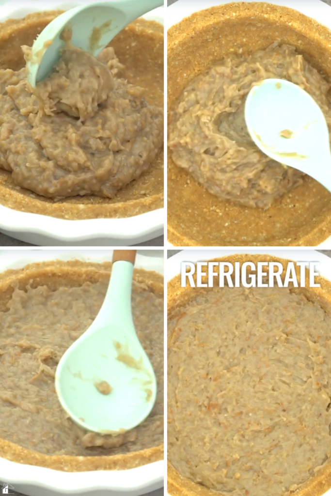 A step-by-step visual showing how to pour and spread the coconut rum custard into the graham cracker crust for a Coconut Rum (Coquito) Cream Pie, then refrigerate it to set, creating the perfect chilled holiday dessert.