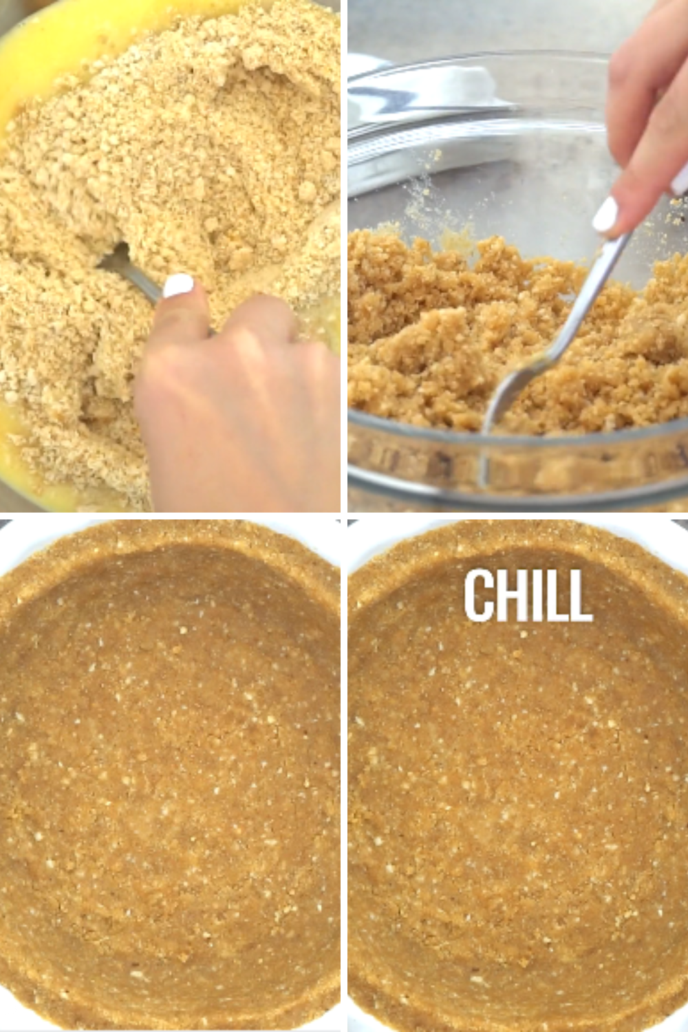 A step-by-step visual showing how to mix the graham cracker crumbs, macadamia nuts, and melted butter for the crust of a Coconut Rum (Coquito) Cream Pie, pressing it into a pie dish, and chilling it for a firm base, ideal for holiday pie recipes.