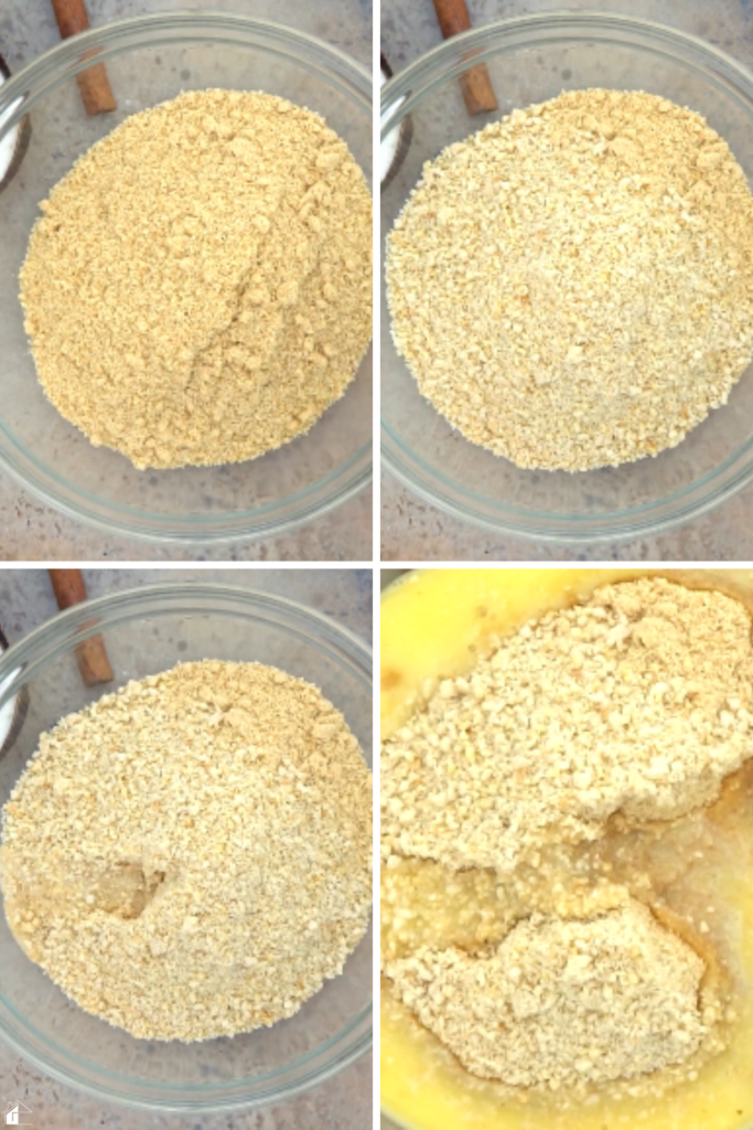 A step-by-step visual showing how to mix graham cracker crumbs, macadamia nuts, and melted butter to create the crust for a Coconut Rum (Coquito) Cream Pie, perfect for festive desserts and holiday pie recipes.