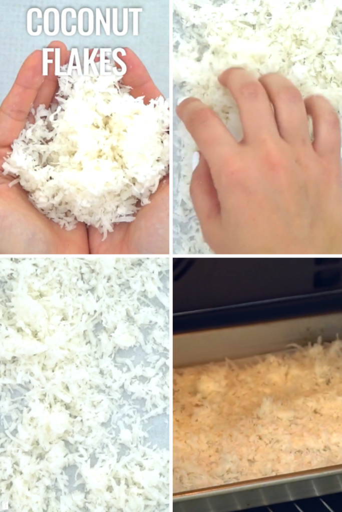 A step-by-step visual showing how to spread sweetened coconut flakes on a baking sheet and toast them in the oven until golden brown, perfect for adding texture and flavor to a Coconut Rum (Coquito) Cream Pie.