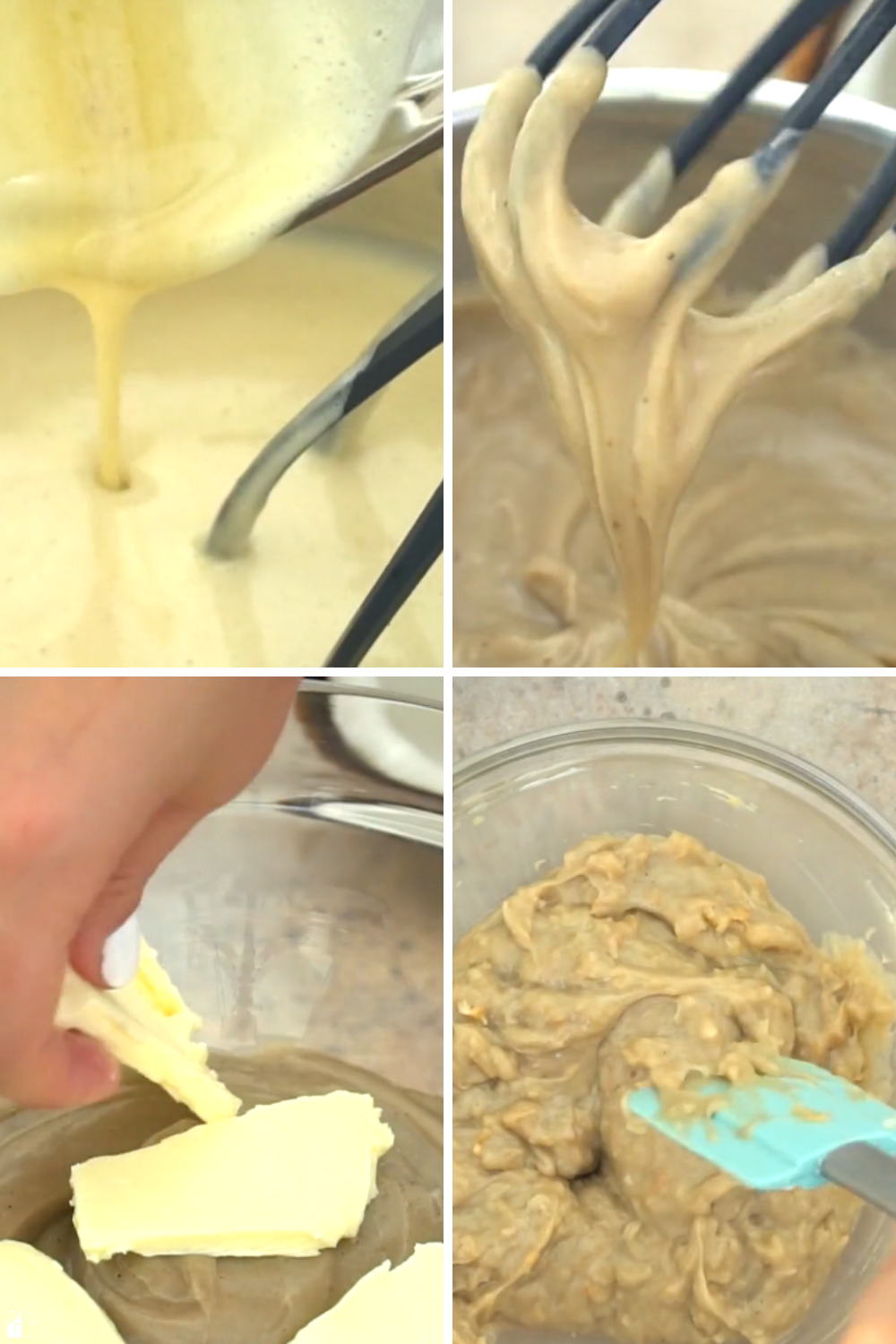 A step-by-step visual showing how the Coconut Rum (Coquito) Cream Pie custard thickens after cooking, with butter being mixed into the custard for a rich and smooth finish, ideal for creating a creamy, festive holiday pie.