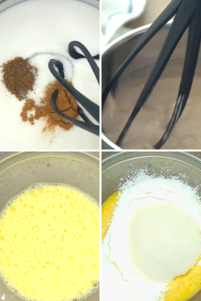 A step-by-step visual showing the process of preparing the Coconut Rum (Coquito) Cream Pie filling, with cinnamon, nutmeg, sugar, and coconut milk simmering together, while eggs and cornstarch are whisked to thicken the custard for this holiday dessert recipe.