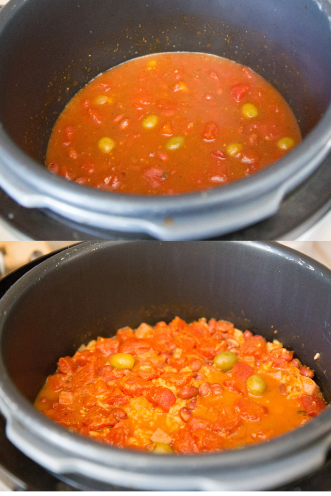 Cooking process for Instant Pot Puerto Rican rice and beans showing a vibrant tomato-based mixture with olives and beans simmering before and after cooking, highlighting the rich, flavorful broth and ingredients coming together perfectly for a quick and easy meal.