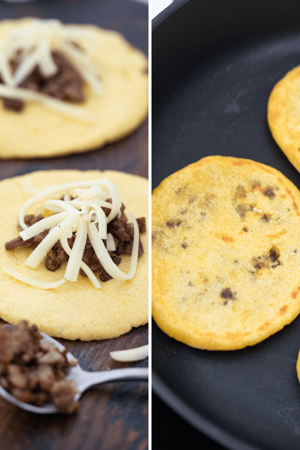 two photos of ground beef and cheese on top of flat pupusa dough and pupusas being cooked.