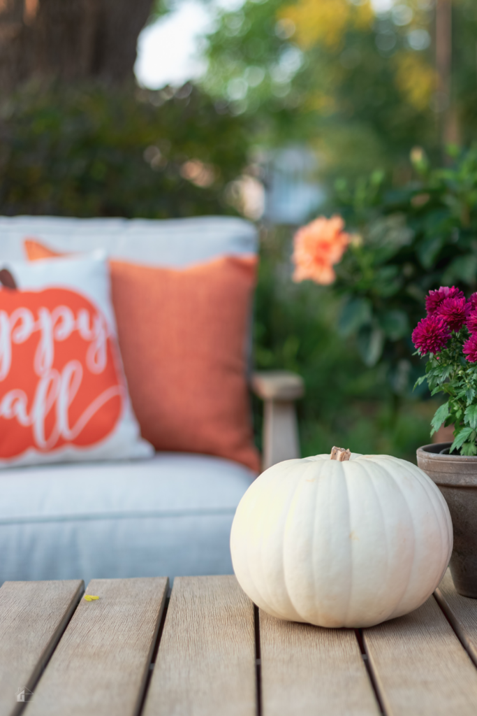  A cozy fall patio scene featuring a white pumpkin on a wooden table, with orange pillows and autumn flowers in the background, showcasing ideas for creating inviting outdoor spaces during the fall season.