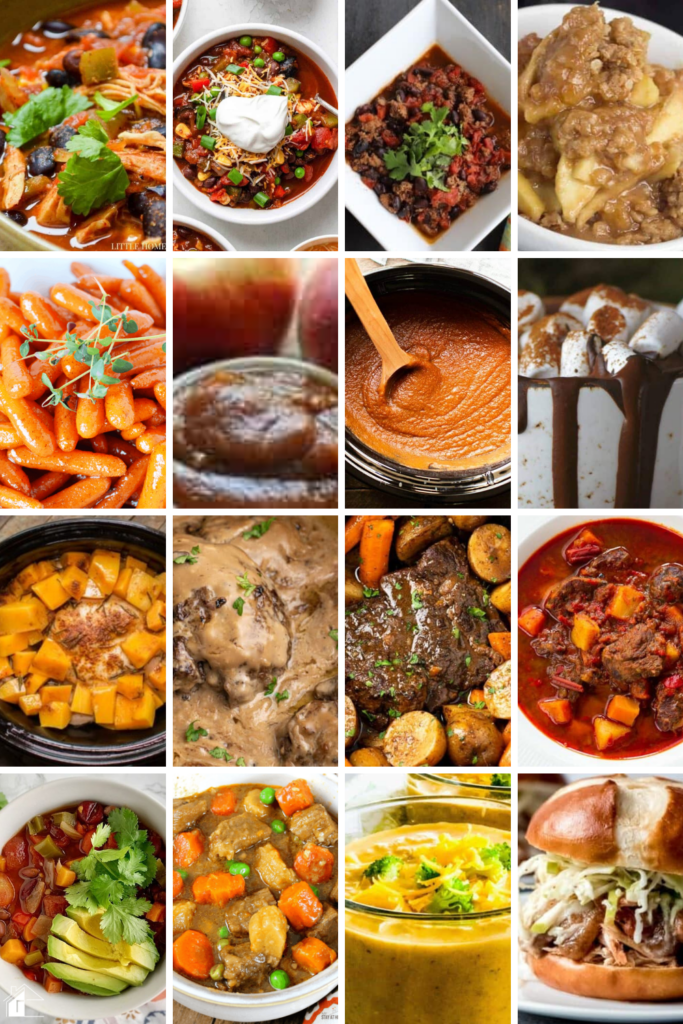 A collage of fall crockpot comfort food recipes featuring soups, stews, glazed carrots, apple butter, pumpkin butter, hot chocolate, and hearty meals like Salisbury steak and pulled pork sandwiches.